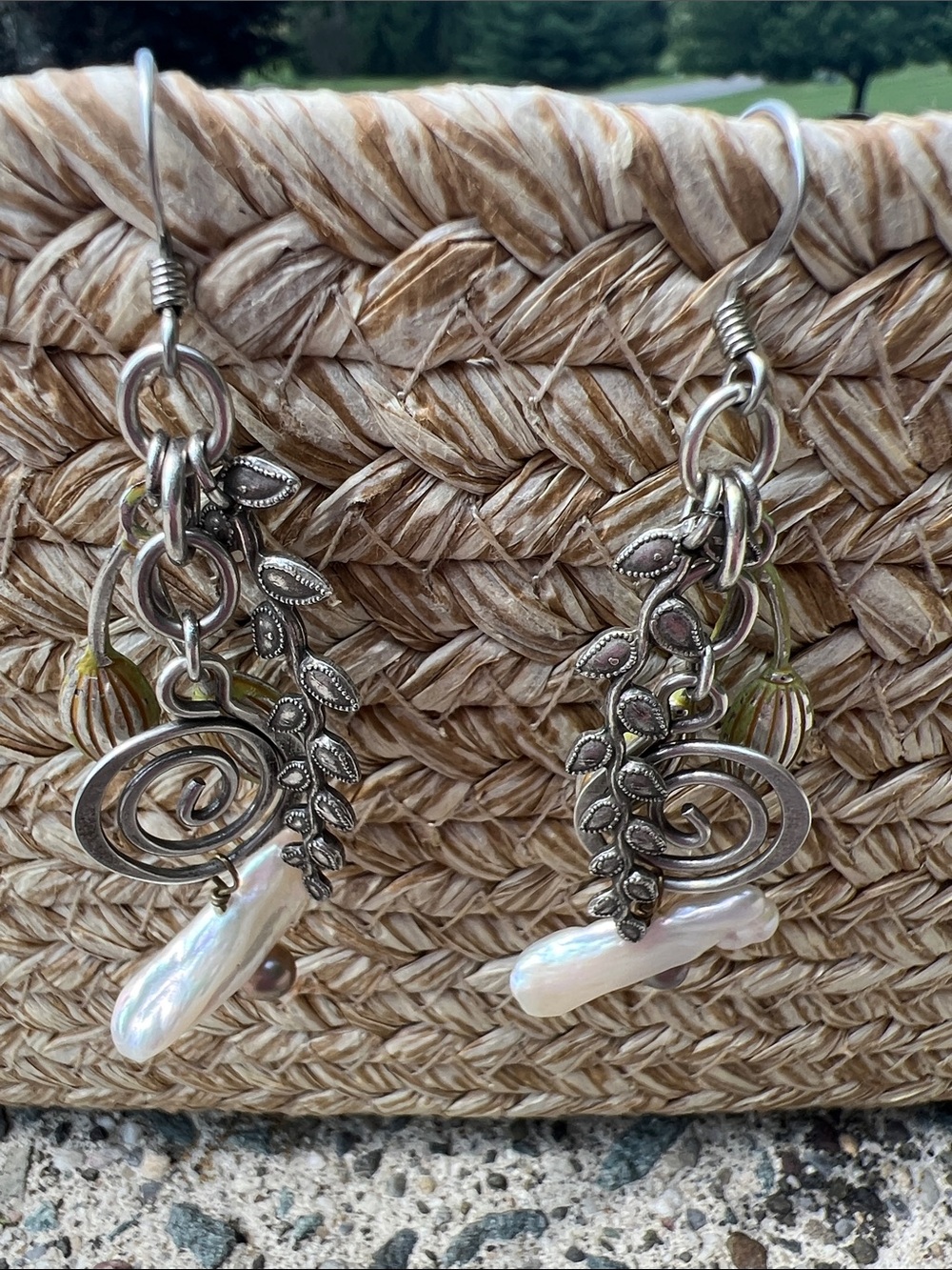 Antique Silver Leaf Dangle Earrings with Baroque White Pearls